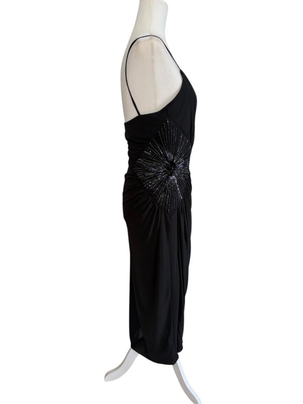 Vintage Rimini Black Ruched Beaded Cocktail Dress 1990s Draped Midi Dress Medium - Picture 4 of 6